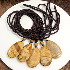 Colgante de jaspe natural en forma de lágrima, collar largo ajustable con cordón de algodón para mujer.