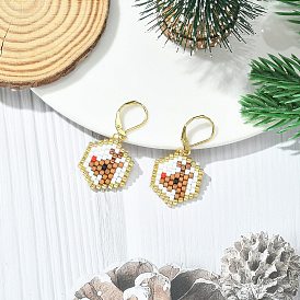 Navidad 304 Pendientes colgantes de acero inoxidable con cuentas de vidrio cilíndricas, ciervo con hexágono, Pendientes de latón con cierre de palanca para mujer., dorado