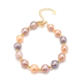 Natural Pearl Beaded Bracelets, Real 18K Gold Plated, with Brass Beads, Long-Lasting Plated