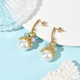 Natural White Jade & Imported Synthetic Howlite & Glass Pearl Dangle Earrings for Women, Crown, 304 Stainless Steel Stud Earrings for Women