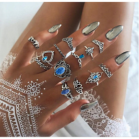 Vintage Crown Heart Turtle Gemstone 13-Piece Set Ring with Diamond Flower Design