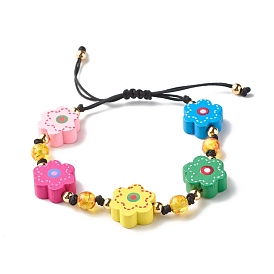 Flower Printed Natural Wood Braided Bead Bracelet for Teen Girl Women, Imitation Amber Beads Bracelet