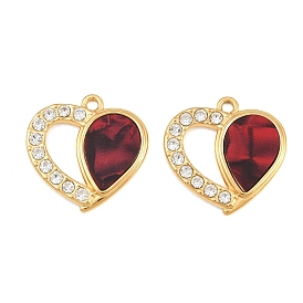 304 Stainless Steel Rhinestone Pendants, Heart Charms, with Acrylic, Ion Plating(IP), Real 18K Gold Plated