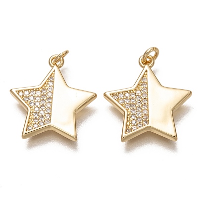 Brass Micro Pave Clear Cubic Zirconia Pendants, Long-Lasting Plated, with Jump Rings, Star