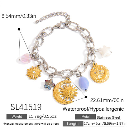 Двухцветные 304 браслеты из нержавеющей стали с стразами и пластиковыми подвесками, браслеты-цепочки для женщин, луна и солнце и маргаритка и сердце