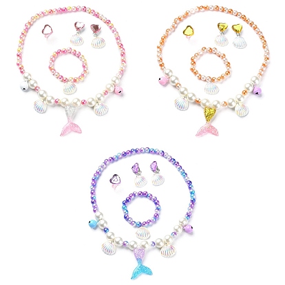 Plastic & Resin Bead Jewelry Set for Kids, including Shell & Mermaid Tail Pendant Necklaces & Charm Bracelets, Heart Finger Rings & Clip-on Earring