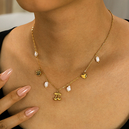 304 Женские ожерелья с подвеской в виде цветка вишни из нержавеющей стали и искусственного жемчуга, белые