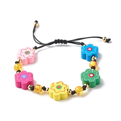 Flower Printed Natural Wood Braided Bead Bracelet for Teen Girl Women, Imitation Amber Beads Bracelet