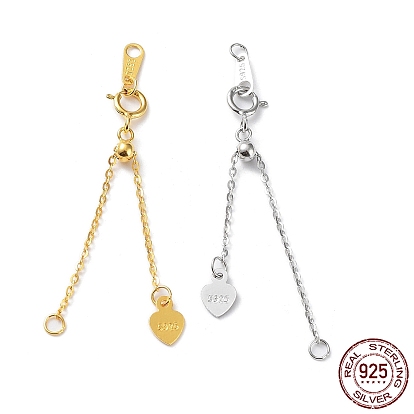 925 Sterling Silver Chain Extenders, Slider Cable Chain with Heart Tag & Spring Clasp & S925 Stamp