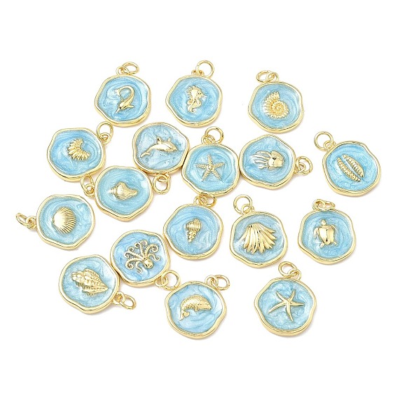 Золотые океанские латунные эмалированные подвески, плоские круглые прелести, голубой