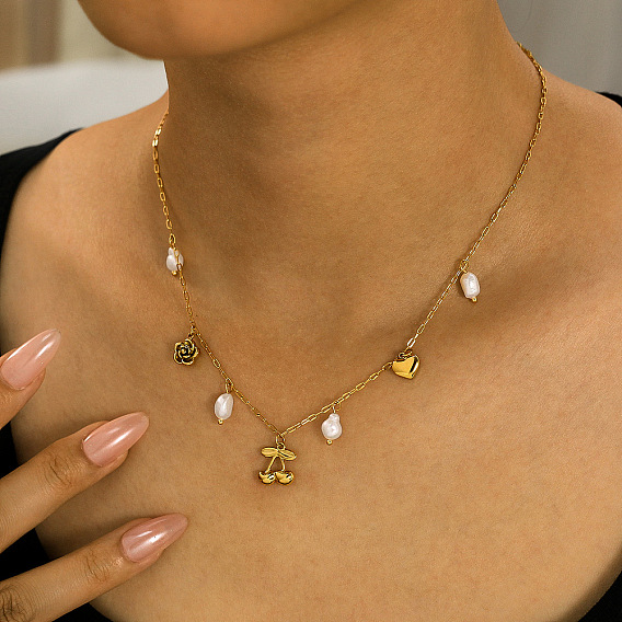 304 Женские ожерелья с подвеской в виде цветка вишни из нержавеющей стали и искусственного жемчуга, белые