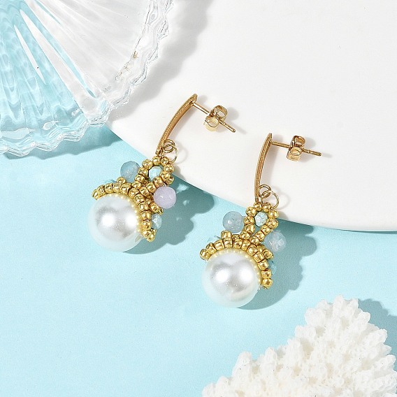 Natural White Jade & Imported Synthetic Howlite & Glass Pearl Dangle Earrings for Women, Crown, 304 Stainless Steel Stud Earrings for Women