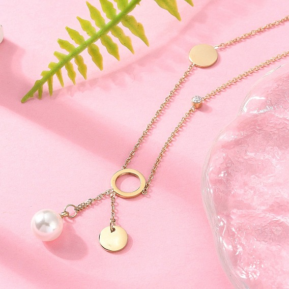 304 ожерелья с круглыми дисками из нержавеющей стали и кристаллами горного хрусталя, с пластиковой имитацией жемчуга для женщин, ионное покрытие (ip)