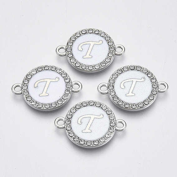 Соединители звеньев сплава эмали, с кристальными стразами, плоские круглые с буквы, серебряный цвет гальваническим