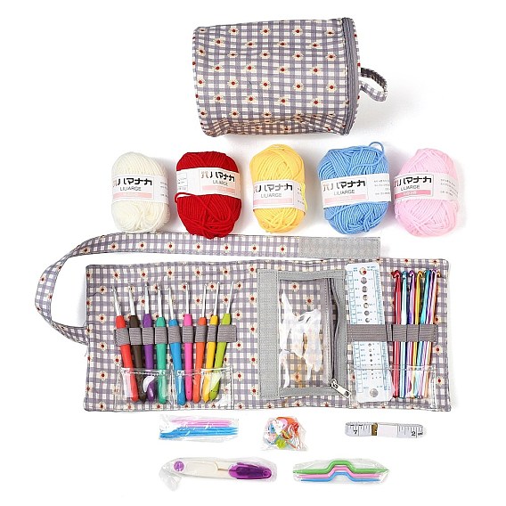 В наборы для вязания своими руками с сумками для хранения для начинающих входят крючки для вязания., полиэфирная пряжа, игла для вязания крючком, маркеры петель, резать ножницами, правитель, рулетка