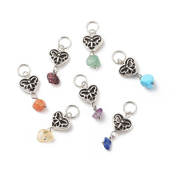 7Pcs 7 Styles Chakra Mixed Stone Chips Alloy Pendants, Natural Green Aventurine & Garnet & Red Aventurine & Lapis Lazuli & Amethyst & Citrine, Synthetic Turquoise, Heart Charm with Butterfly