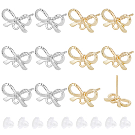 60Pcs 2 Colors Bowknot Alloy Stud Earring Findings, with 304 Stainless Steel Steel Pins & Loop, Cadmium Free & Lead Free, with 60pcs Eco-Friendly Plastic Ear Nuts