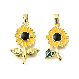 Rack Plating Brass Pendants, with Enamel, Lead Free & Cadmium Free, Long-Lasting Plated, Sunflower Charm