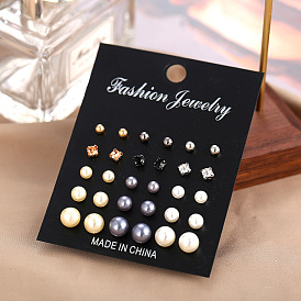 Chic and Minimalist 15-Pair Set of Artificial Pearl and Diamond Stud Earrings for Women