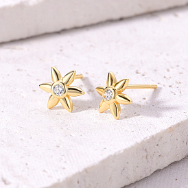 Elegant S925 Sterling Silver Clear Cubic Zirconia Flower Stud Earrings