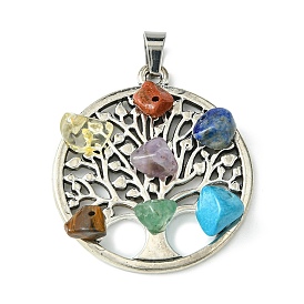 Chakra Gemstone Pendants, Tree of Life Charms with Antique Silver Plated Alloy Findings