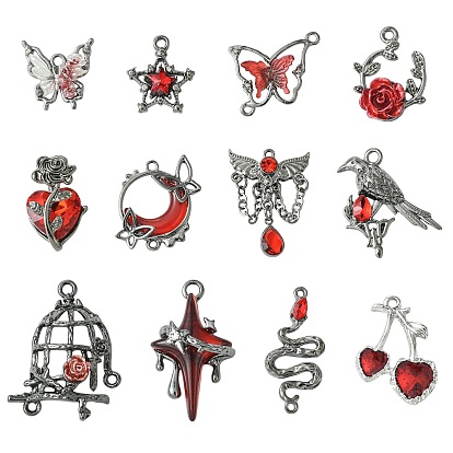 12 шт. 12 стили готические подвески из сплава со стразами, металлический черный 