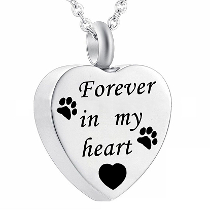 304 Stainless Steel Urn Ashes Pendants, Heart with Paw Print & Word Pattern & Word Forever In My Heart