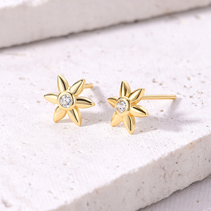 Elegant S925 Sterling Silver Clear Cubic Zirconia Flower Stud Earrings
