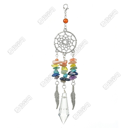 Colgantes de aleación y chips de piedras preciosas sintéticas y naturales de chakras, con broches de langosta de la aleación de la garra, red / tela tejida con pluma