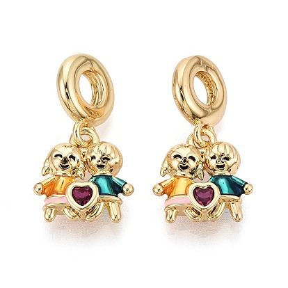 Европейские подвески-шармы из латуни с микропаве из прозрачных кубических цирконий и эмали, подвески в форме сердца с большим отверстием в форме мальчика и девочки, реальный 18 k позолоченный