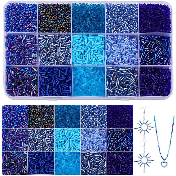 195g 15 стили синие круглые и стеклянные бусины, разнообразные