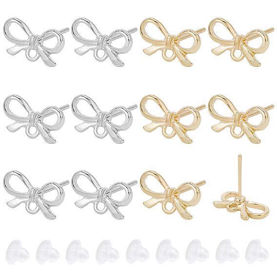 60Pcs 2 Colors Bowknot Alloy Stud Earring Findings, with 304 Stainless Steel Steel Pins & Loop, Cadmium Free & Lead Free, with 60pcs Eco-Friendly Plastic Ear Nuts