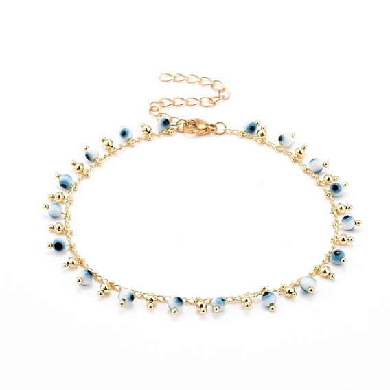 Evil Eye Anklets Making, with Brass Curb Chains and 304 Stainless Steel Lobster Claw Clasps