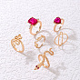Stunning 6-Piece Set: Snake Cross Ring & Heart Square Diamond Rings with Ruby Inlay