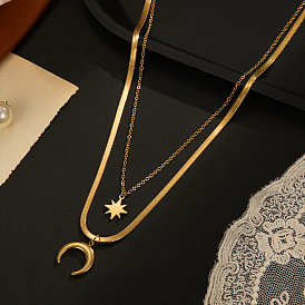 Double-layered Star and Moon Pendant Titanium Steel Necklace for Women with Unique Design and Snake Bone Chain.