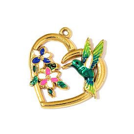 304 нержавеющей стальной эмали подвески, Подвески в виде сердца с птичьим узором, зеркальная полировка, ионное покрытие (ip)