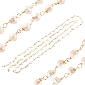 1 Strand Handmade Cultured Freshwater Pearl Beaded Chains, with Copper Wire, Soldered