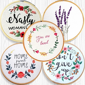 DIY Flower & Word/Cattle Head/Arrow Pattern Embroidery Painting Kits, Including Printed Cotton Fabric, Embroidery Thread & Needles, Round Embroidery Hoop