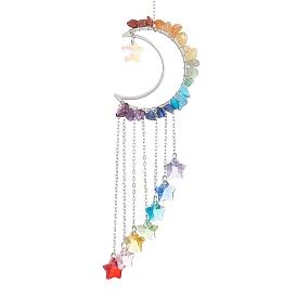 Glass Star Pendant Decoration, Hanging Suncatchers, with Moon Brass & Gemstone Chips and Cable Chains