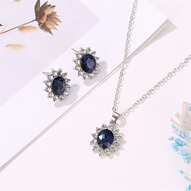 Sunflower CZ Stud Earrings & Tanzanite Pendant Necklace Set - Kate Middleton Style Fashion Jewelry