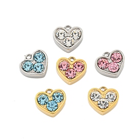 304 Stainless Steel Pendants, with Rhinestone, Heart Charms, Real 14K Gold Plated