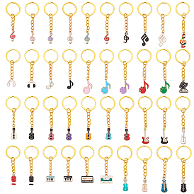 40 piezas 40 estilos llaveros de aleación esmaltada con notas musicales e instrumentos musicales, con llaveros de hierro., dorado