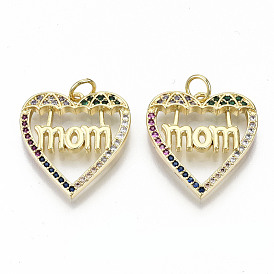 Brass Micro Pave Colorful Cubic Zirconia Pendants, with Jump Rings, for Mother's Day, Nickel Free, Heart with Word Mom