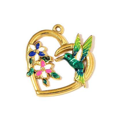 304 нержавеющей стальной эмали подвески, Подвески в виде сердца с птичьим узором, зеркальная полировка, ионное покрытие (ip)