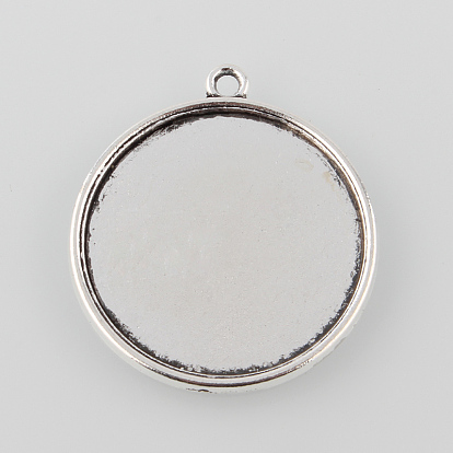 Tibetan Style Antique Silver Alloy Flat Round Pendant Cabochon Settings, Cadmium Free & Lead Free