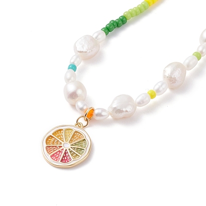 Lemon Slice Enamel Pendant Necklace for Girl Women, Glass & Natural Pearl Beads Necklace