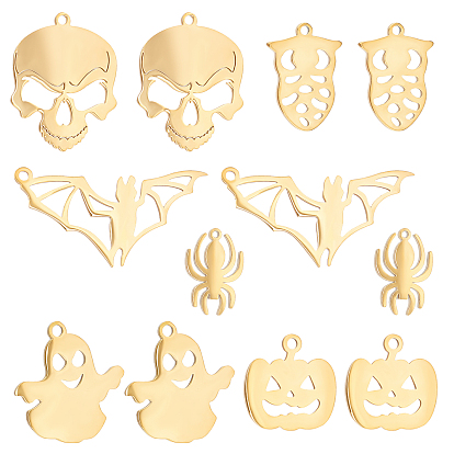12Pcs 6 201 & 304 Styles Stainless Steel Pendants, for Halloween, Laser Cut, Skull & Pumpkin Jack-O'-Lantern & Ghost & Spider & Owl & Bat