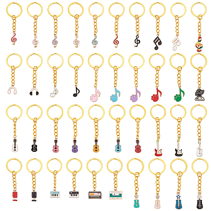 40 piezas 40 estilos llaveros de aleación esmaltada con notas musicales e instrumentos musicales, con llaveros de hierro., dorado