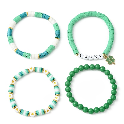 4Pcs 4 Style Word Lucky Acrylic & Brass & Polymer Clay Disc Beaded Stretch Bracelets Set, Clover Alloy Enamel Charm Stackable Bracelets for Saint Patrick's Day