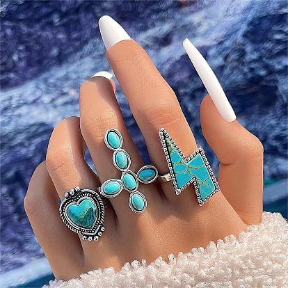 3Pcs 3 Style Synthetic Turquoise Ring Sets for Women, Alloy Stackable Rings, Mixed Shapes